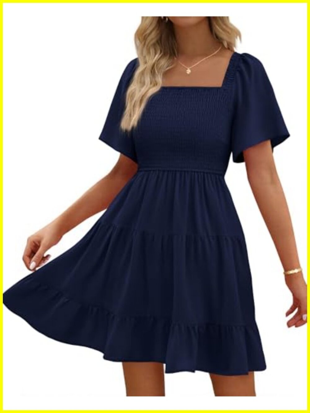 Smocked Mini Dress Square Neck Flutter Sleeve Boho Summer Pockets